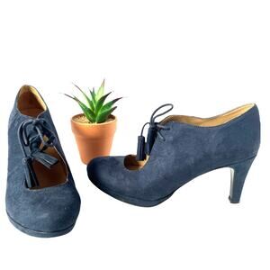 Naturalizer Paxton Bootie Womens Size 6M Blue Open Front Lace Up Tassel Witchy
